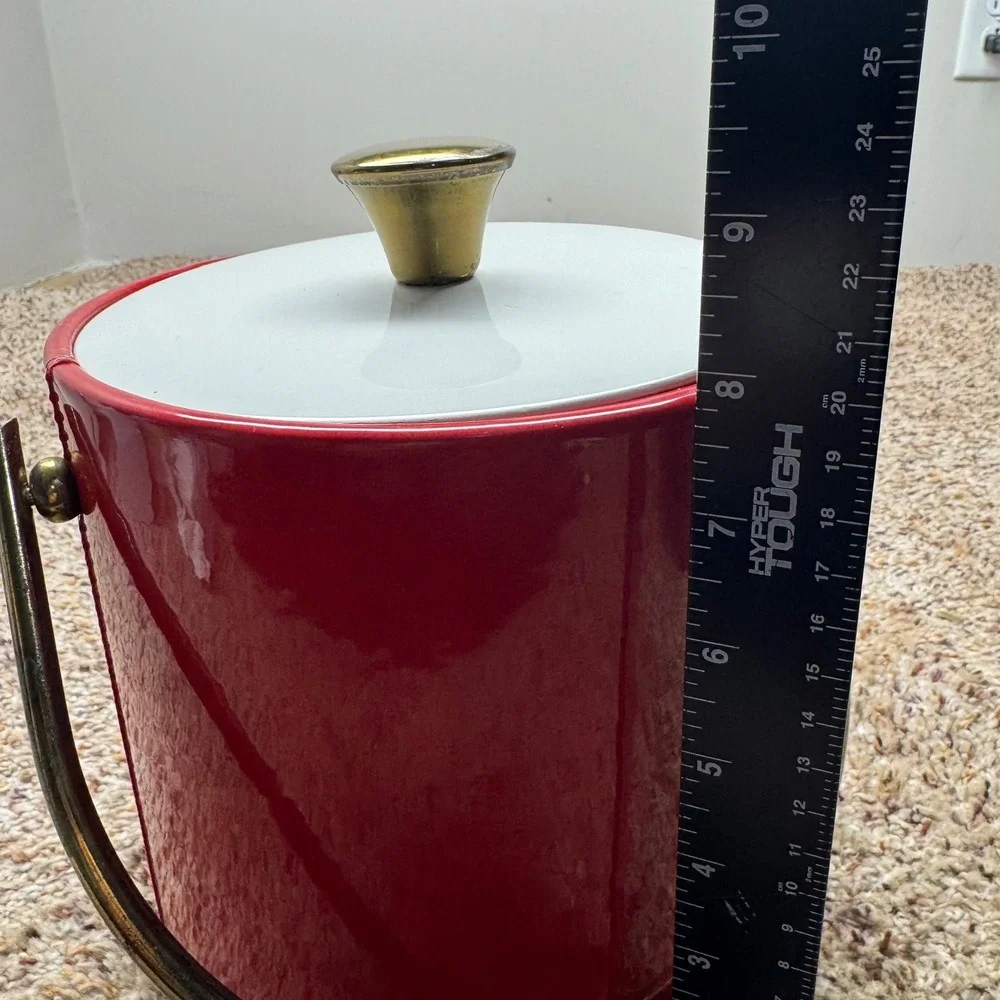Vintage Gimbels Red Vinyl Ice Bucket Brass Handle Mid Century‎ Modern Made Italy